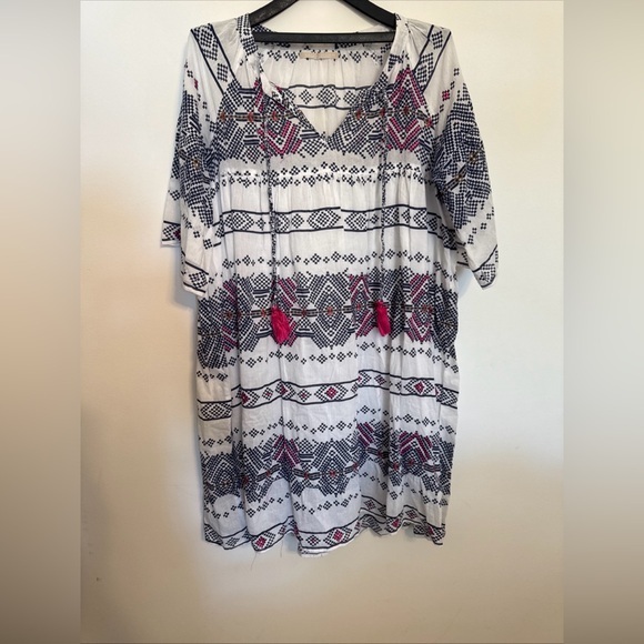 Patterned White and Pink Midi Dress - Picture 1 of 9